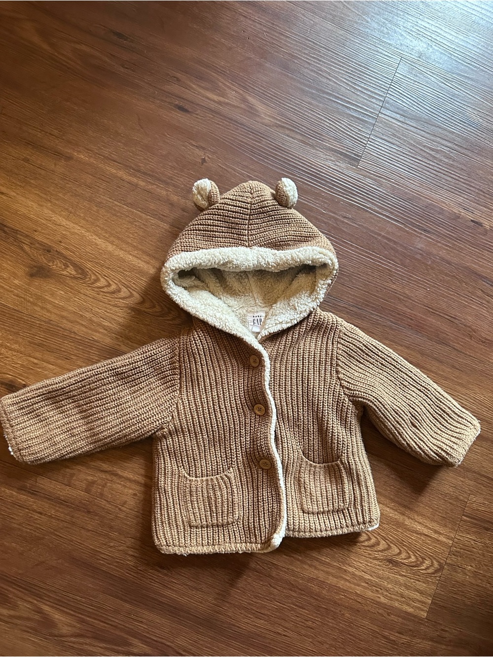 GAP Baby Sherpa-Lined Hooded Cardigan in Light Beige